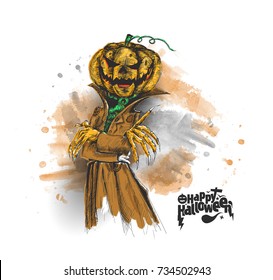 Man dressed as Dracula with Halloween pumpkin head, Hand Drawn Sketch Vector Background.