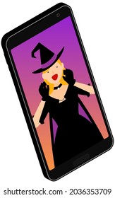A man dressed as Dracula having an online Halloween party on his phone, isometric.