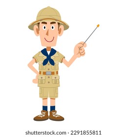 A man dressed as an explorer explaining with a pointing stick