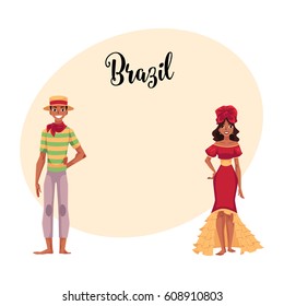 Man dressed for Festa Junina party and woman in ruffled skirt and headdress, Brazilian people, cartoon vector illustration with place for text. Brazilian couple dressed for carnival party