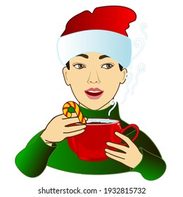 man dressed in green sweater and Santa hat holding red cup with hot drink, coffee or mulled wine in his hands, color vector clip art on white isolated background