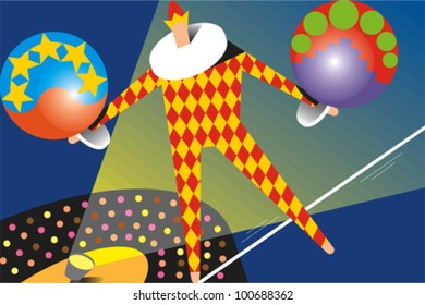 Man dressed in a harlequin/clown suit balances on a tightrope while balancing two large balls above a crowded audience and spotlight