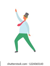 Man dressed in hat decorated by mistletoe berries and leaves. Drunk guy in high cap celebrating Christmas or New Year at party. Happy male dancing