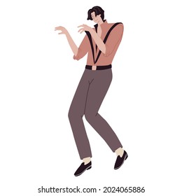 Hombre vestido como un zombi de baile. Música popular. Bailarina de muerte, banda musical caminando muerta. Personas disfrazadas celebran fiesta de Halloween. Ilustración vectorial en estilo plano. Aislado sobre fondo blanco.