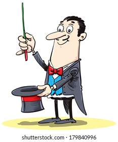 Man dressed as a magician with wand and hat.