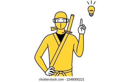 A man dressed up as a ninja coming up with an idea.