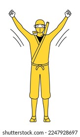 A man dressed up as a ninja doing radio calisthenics, preparation for accident prevention