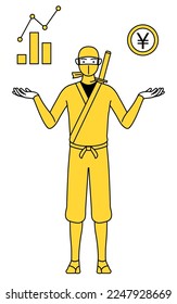 A man dressed up as a ninja guiding an image of DX, performance and sales improvement.