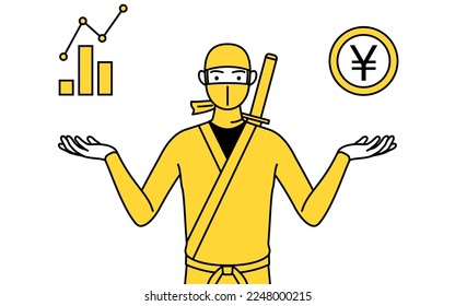 A man dressed up as a ninja guiding an image of DX, performance and sales improvement.