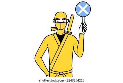 Un hombre vestido de ninja sostiene una barra de peros que indica respuestas incorrectas.