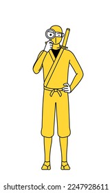 A man dressed up as a ninja looking through magnifying glasses