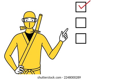 A man dressed up as a ninja pointing to a checklist.