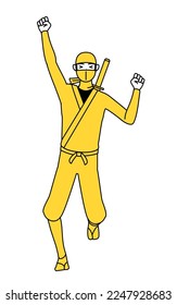 A man dressed up as a ninja smiling and jumping.