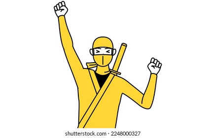 A man dressed up as a ninja smiling and jumping.