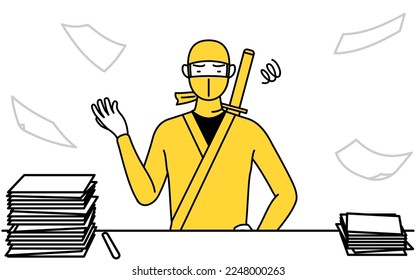 A man dressed up as a ninja who is fed up with his unorganized business.