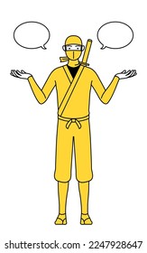 A man dressed up as a ninja with wipeout and comparison.