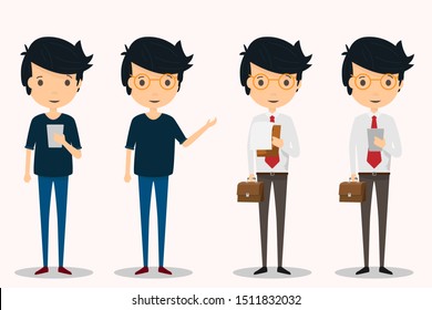 Man dressed in normal form and men dressed in business suits in various pose with holding smartphone and clipboard. Character business vector illustration.