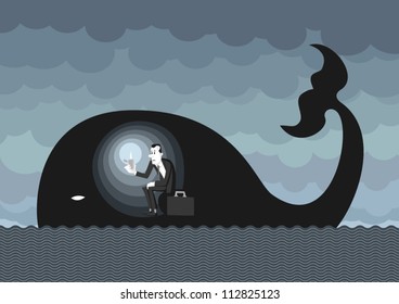 Man dressed on a business man style inside a whale like Jonah, lighting himself with a lighter. Hoping and waiting for better times.