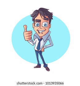 Man dressed up in pants and shirt with a tie showing thumbs up. Vector Illustration. Isolated on white background.