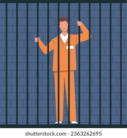 Man dressed as prisoner stands in prison cell. Prisoner in jail. Punishment system. Human in pange jumpsuit hold bars. Crime and law breaking. Cartoon flat style isolated vector concept