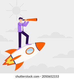 A man dressed in purple riding a top white rocket, Man use a binoculars looking for the future.  business and leadership concept 