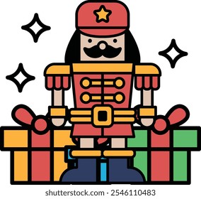 A man dressed in a red costume with a red hat and a star on his cap stands in front of a pile of presents