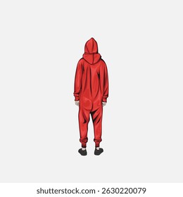 Man dressed in red futuristic clothing, with his back turned.