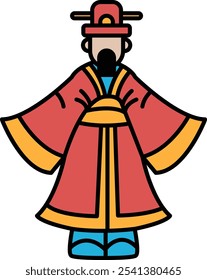 Um homem vestido com um manto vermelho com guarnição amarela fica em frente a um fundo branco. Ele está usando um chapéu vermelho e um manto vermelho e amarelo. O homem é uma figura tradicional chinesa