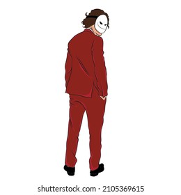 Man dressed in red with smiling mask (profile).