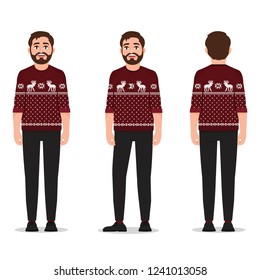 A man dressed in a red sweater with deer, standing in various poses vector illustration on a white background
