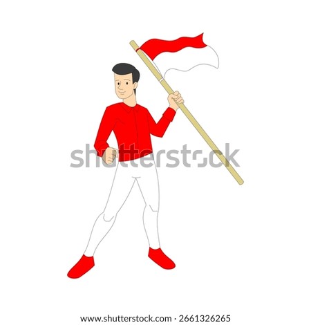 A man dressed in red and white is standing while holding an Indonesian flag. Indonesian Independence Day theme. August 17th. Nationalist spirit. Flat character. Vector illustration. Stock photo © 