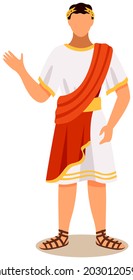 Man dressed as roman emperor wearing white tunic draped with red cape golden laurel wreath head of european country. Man in traditional clothes of ancient rome vector illustration on white background