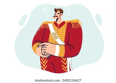 Man dressed as russian tsar Nicholas 2 proudly looks at screen urging to visit historical museum to study monarchy. Duke from monarchy era in red clothes with golden sleeves and shoulder straps