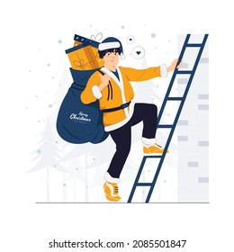 a man dressed up as Santa Claus with Christmas gifts on the ladder to chimney, sleigh, and happy new year concept illustrations