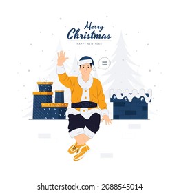 man dressed up as Santa Claus with Christmas gifts on the chimney, sleigh, and happy new year concept illustration