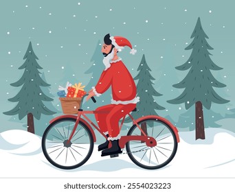 A man dressed as Santa Claus with gifts rides a bicycle through a snowy forest. Eco-friendly new year, reducing carbon footprint. Christmas vector illustration for cards, posters and merch.