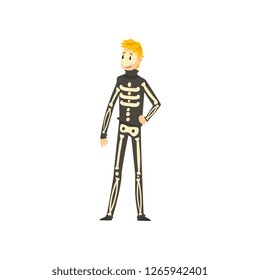 Man dressed as skeleton, funny person at carnival party or masquerade vector Illustration on a white background