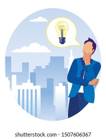 Man Dressed Smart, Brainstorming, Actively Thinking Over Solution to His Problem, Trying to Find Way out of Situation, Electric Bulb Symbolizing This Process, Against Background with Business Quarter