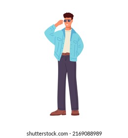 A man dressed in the style of the 90s. Nostalgia, street style, trend. Flat vector illustration