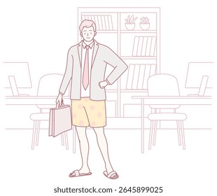 Um homem vestido com uma mistura elegante de tanto formal e casual desgaste, mostrando as últimas tendências no vestuário de trabalho moderno