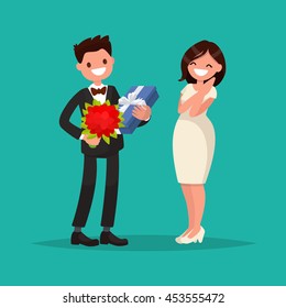 Man dressed in a suit gives a woman a bouquet of flowers and a gift. Vector illustration of a flat design