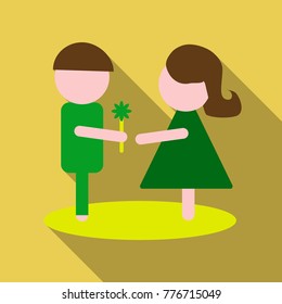 Man dressed in a suit gives a woman a bouquet of flowers and a gift. Vector illustration of a flat design