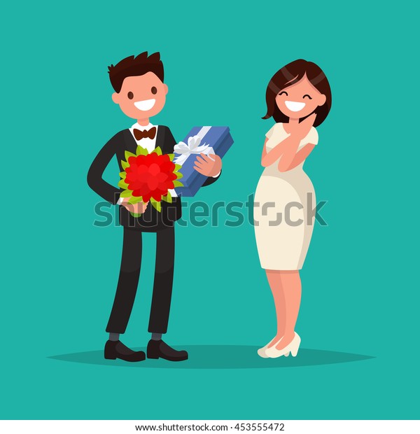 スーツを着た男性は 女性に花束と贈り物を与える フラットデザインのベクターイラスト のベクター画像素材 ロイヤリティフリー