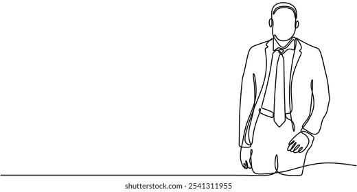 Man dressed in a suit and tie illustrated in a continuous one line drawing. Concept of work and office. Minimalist hand-drawn vector design.