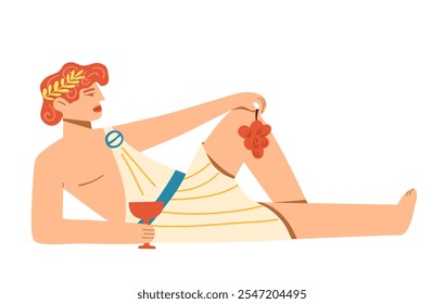 A man dressed in a toga is lying and drinking wine. Ancient Greece and the Greeks. The god Dionysus.