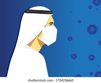 A man dressed in traditional gulf-region dress wearing a face mask. Coronavirus protection. Editable vector file.