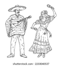 Man dressed traditional mexican poncho and sombrero playing the guitar. Woman dancing with maracas. Vintage vector engraving black monochrome illustration. Isolated on white. Hand drawn design ink