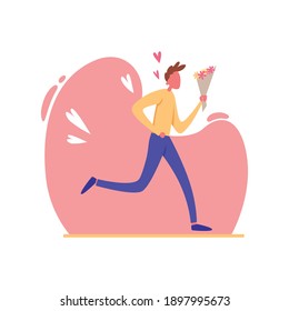 Man dressed in trendy clothes running to girl rendezvous with bouquet of flowers and a gift to give to lovely woman. Vector illustration of a flat design.
