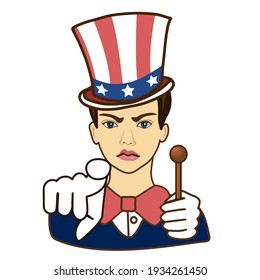 a man dressed as Uncle Sema pointing finger at you, usa mascot wants you for US army, american government or president personification in striped tophat with stars, colored emoticon