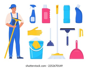 Man dressed in uniform with glass cleaning scraper. Worker of cleaning service. Bucket, scoop, brush, washing powder, bottle of spray, sponge, glass scraper, rubber gloves. Vector